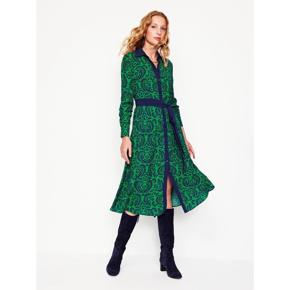 Boden Kate Midi Shirt Dress Green Navy Paisley Damask Print US 2P